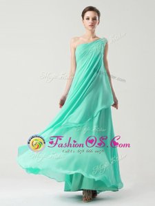One Shoulder Sleeveless Ankle Length Beading and Ruching Side Zipper Prom Party Dress with Turquoise
