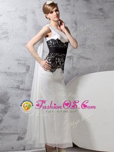 Admirable One Shoulder Sleeveless Chiffon Floor Length Side Zipper Prom Dress in White And Black for with Lace