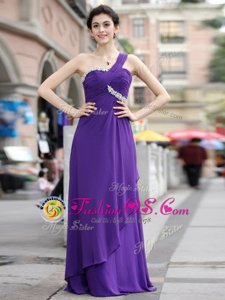 Luxurious One Shoulder Purple Sleeveless Chiffon Zipper Prom Party Dress for Prom and Party