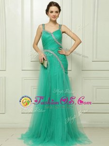 Chic Straps Sleeveless Brush Train Side Zipper Homecoming Dress Turquoise Organza