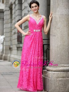 Hot Pink Column/Sheath Lace V-neck Sleeveless Beading and Lace Floor Length Zipper