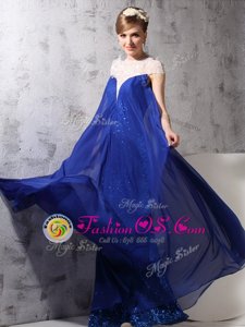 Discount Sleeveless Chiffon and Sequined Floor Length Zipper Homecoming Dress in Royal Blue for with Lace and Sequins