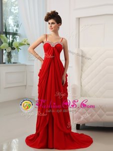 Red Prom Gown Prom and Party and For with Beading and Ruching Spaghetti Straps Sleeveless Brush Train Zipper