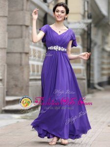 Romantic Chiffon V-neck Cap Sleeves Zipper Beading and Appliques and Ruching Hoco Dress in Purple