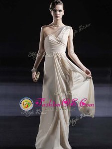 Champagne Column/Sheath Chiffon One Shoulder Sleeveless Ruching Floor Length Criss Cross Evening Dress
