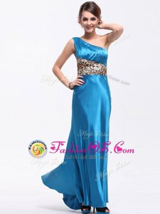 Dynamic One Shoulder Baby Blue Side Zipper Prom Gown Ruching Sleeveless Floor Length