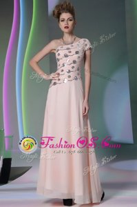 Baby Pink One Shoulder Side Zipper Beading and Appliques Prom Gown Cap Sleeves
