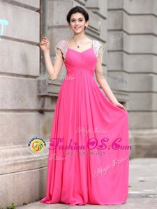 Hot Pink Silk Like Satin Zipper V-neck Cap Sleeves Floor Length Prom Party Dress Beading