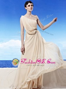 Attractive One Shoulder Champagne Sleeveless Beading and Ruching Floor Length Evening Dress