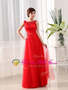 Coral Red Empire Scoop Sleeveless Tulle Floor Length Zipper Beading and Appliques Prom Evening Gown