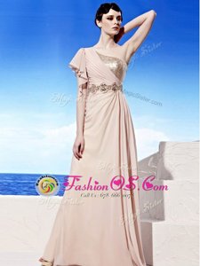Flirting One Shoulder Peach Sleeveless Sequins and Ruching Floor Length Mother Of The Bride Dress