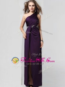Sumptuous Purple Column/Sheath Elastic Woven Satin One Shoulder Sleeveless Beading Floor Length Criss Cross Prom Dress