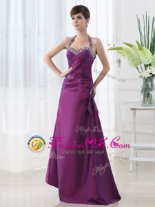 Fashion Halter Top Purple Lace Up Prom Party Dress Beading and Ruching Sleeveless Floor Length