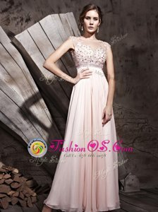 Enchanting Scoop Sleeveless Floor Length Beading Side Zipper Prom Evening Gown with Pink