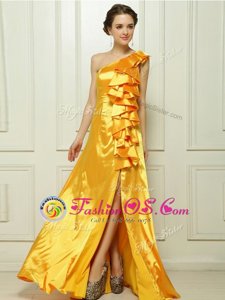 Gold Taffeta Zipper One Shoulder Sleeveless With Train Prom Evening Gown Brush Train Ruffles
