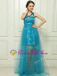 Noble Halter Top Teal Sleeveless Brush Train Belt With Train Dress for Prom