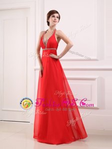 Halter Top Floor Length Coral Red Evening Dress Chiffon Sleeveless Beading
