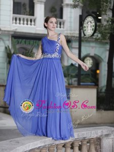 Ideal Blue Chiffon Side Zipper One Shoulder Sleeveless Floor Length Hand Made Flower