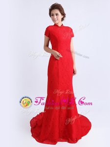 Amazing Red Column/Sheath Lace High-neck Cap Sleeves Lace With Train Backless Mother Of The Bride Dress Brush Train