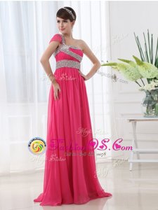 Stunning Chiffon One Shoulder Cap Sleeves Brush Train Side Zipper Beading and Ruching Prom Dress in Hot Pink