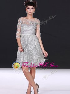 Silver Bateau Zipper Beading and Lace Prom Dress 3|4 Length Sleeve