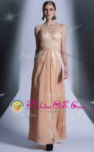 Peach Scoop Side Zipper Lace Prom Evening Gown Sleeveless