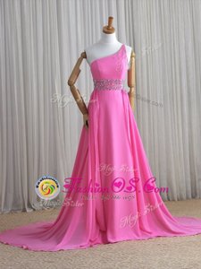 Perfect One Shoulder Column/Sheath Sleeveless Rose Pink Celebrity Style Dress Brush Train Lace Up