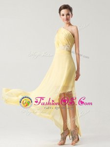 One Shoulder Light Yellow Sleeveless Chiffon Side Zipper Hoco Dress for Prom and Party