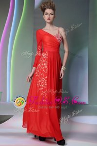 Fashion Coral Red Side Zipper Asymmetric Beading and Embroidery Celebrity Prom Dress Chiffon Long Sleeves