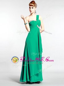 One Shoulder Green Sleeveless Floor Length Beading Zipper Evening Dress