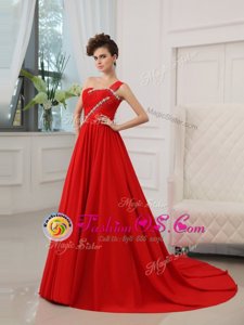 Sophisticated One Shoulder Red Sleeveless Silk Like Satin Court Train Zipper Red Carpet Gowns for Prom and Party
