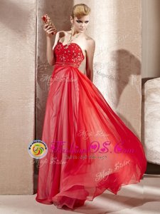 Chic Coral Red Column/Sheath Beading Evening Dress Side Zipper Chiffon Sleeveless Floor Length
