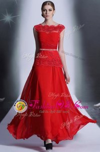 Sumptuous Scalloped Floor Length Column/Sheath Sleeveless Red Evening Dress Side Zipper