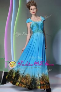 A-line Prom Dresses Baby Blue Square Printed Sleeveless Floor Length Zipper