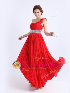 Chiffon One Shoulder Sleeveless Zipper Beading and Ruching and Pleated Evening Dress in Red