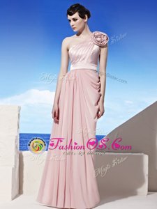 Pink One Shoulder Side Zipper Ruching and Hand Made Flower Prom Dress Sleeveless