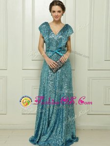 Sequins Teal Sleeveless Sequined Zipper Prom Evening Gown for Prom and Party