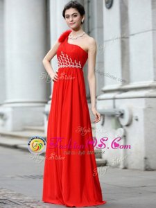 Coral Red Zipper One Shoulder Beading and Ruching Chiffon Sleeveless