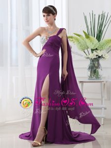 Attractive One Shoulder Purple Elastic Woven Satin Zipper Prom Party Dress Sleeveless With Brush Train Beading and Sashes|ribbons