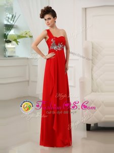 Red Prom Evening Gown Prom and Party and For with Beading and Appliques and Ruching One Shoulder Sleeveless Zipper