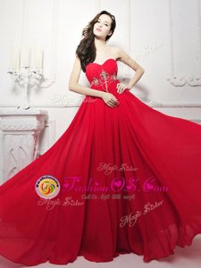 Comfortable Beading Prom Dresses Red Zipper Sleeveless Sweep Train