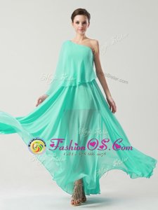 One Shoulder Sleeveless Chiffon Ankle Length Side Zipper Prom Party Dress in Turquoise for with Ruching