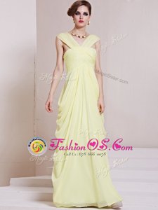 Light Yellow Chiffon Criss Cross Prom Party Dress Sleeveless Floor Length Ruching