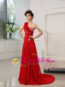 Customized Red Column/Sheath One Shoulder Sleeveless Satin With Train Court Train Zipper Beading and Hand Made Flower Celebrity Inspired Dress