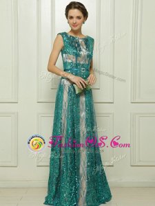 Admirable Teal Column/Sheath Scoop Sleeveless Tulle Floor Length Zipper Beading and Sequins Prom Party Dress