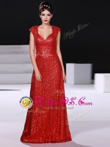Red Zipper V-neck Sequins Prom Dress Sequined Sleeveless