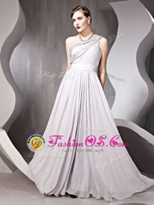 Gorgeous One Shoulder Silver Sleeveless Beading Floor Length Prom Dresses