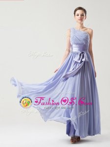 Fashionable One Shoulder Chiffon Sleeveless Floor Length Homecoming Dress and Ruching and Bowknot