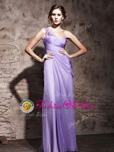 Colorful Chiffon One Shoulder Sleeveless Side Zipper Beading and Ruching Prom Gown in Lavender