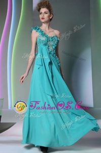 Fantastic One Shoulder Sleeveless Floor Length Lace and Hand Made Flower Side Zipper Homecoming Dress with Teal